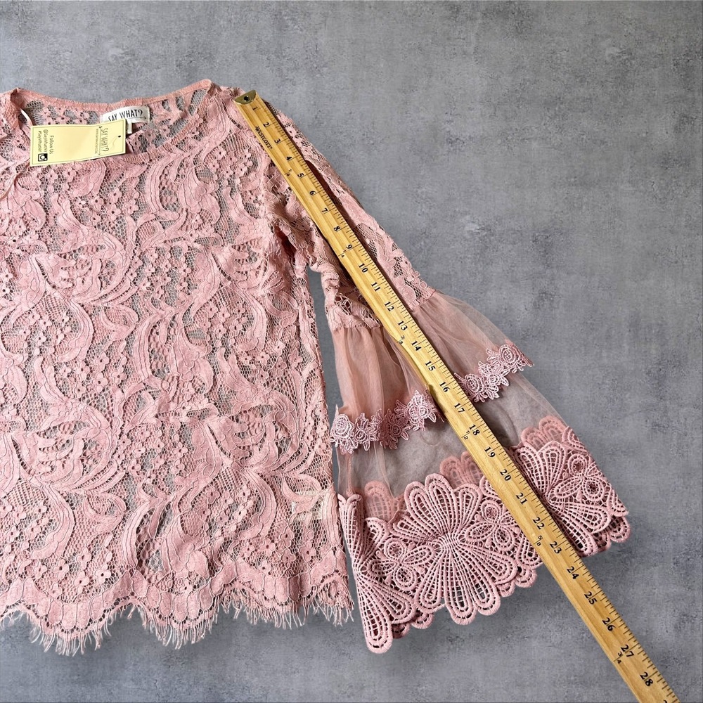 Say What Top Womens M Pink Lace‎ Bell Sleeve Sheer Romantic Feminine Elegant NEW - Picture 7 of 10